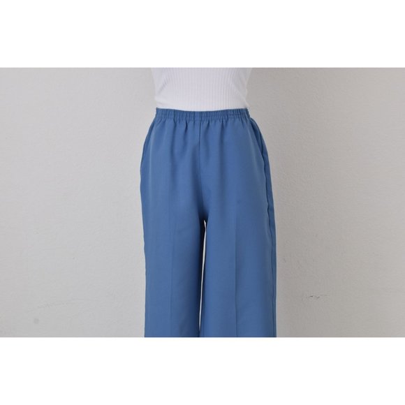 Vintage 80s Cornflower Blue Gathered Waist Polyester Trousers | 26-34 waist - Picture 2 of 7